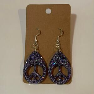 Handmade epoxy resin peace sign earrings - greyish purple glitter